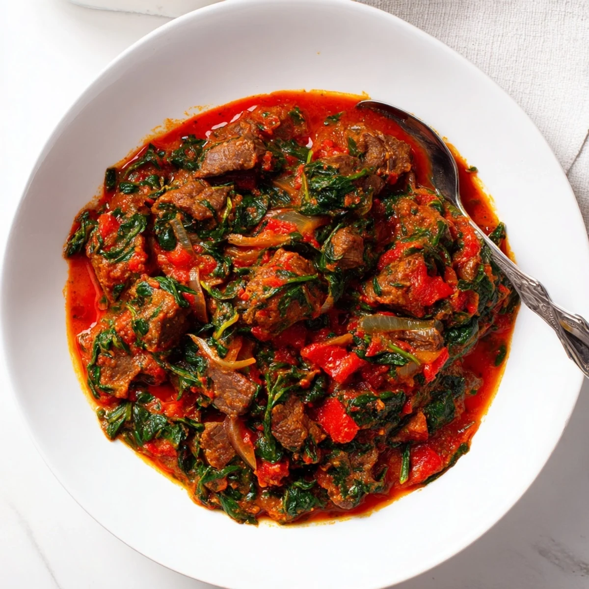 Bowl of savory Efo Riro Nigerian spinach stew with tender beef chunks in rich red sauce