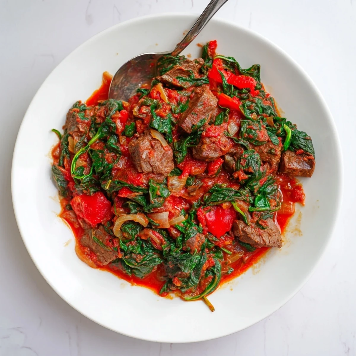 Savory Efo Riro featuring wilted fresh spinach and beef simmered in thick tomato pepper base