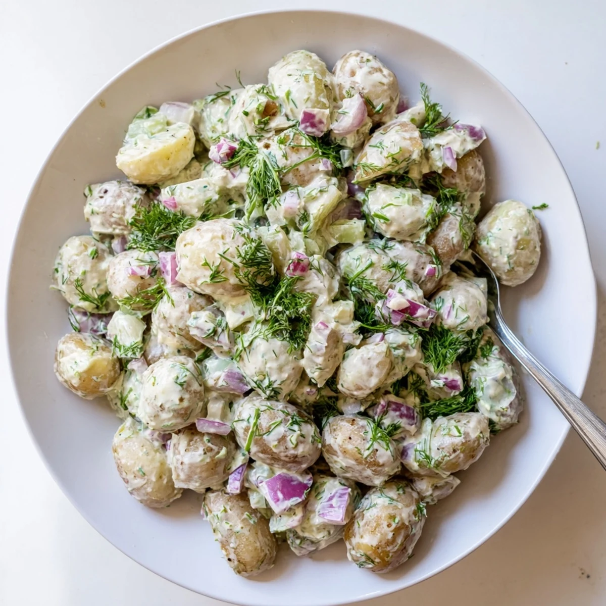 Creamy Greek yogurt potato salad with tender potatoes, crisp celery, and fresh green herbs in a serving bowl