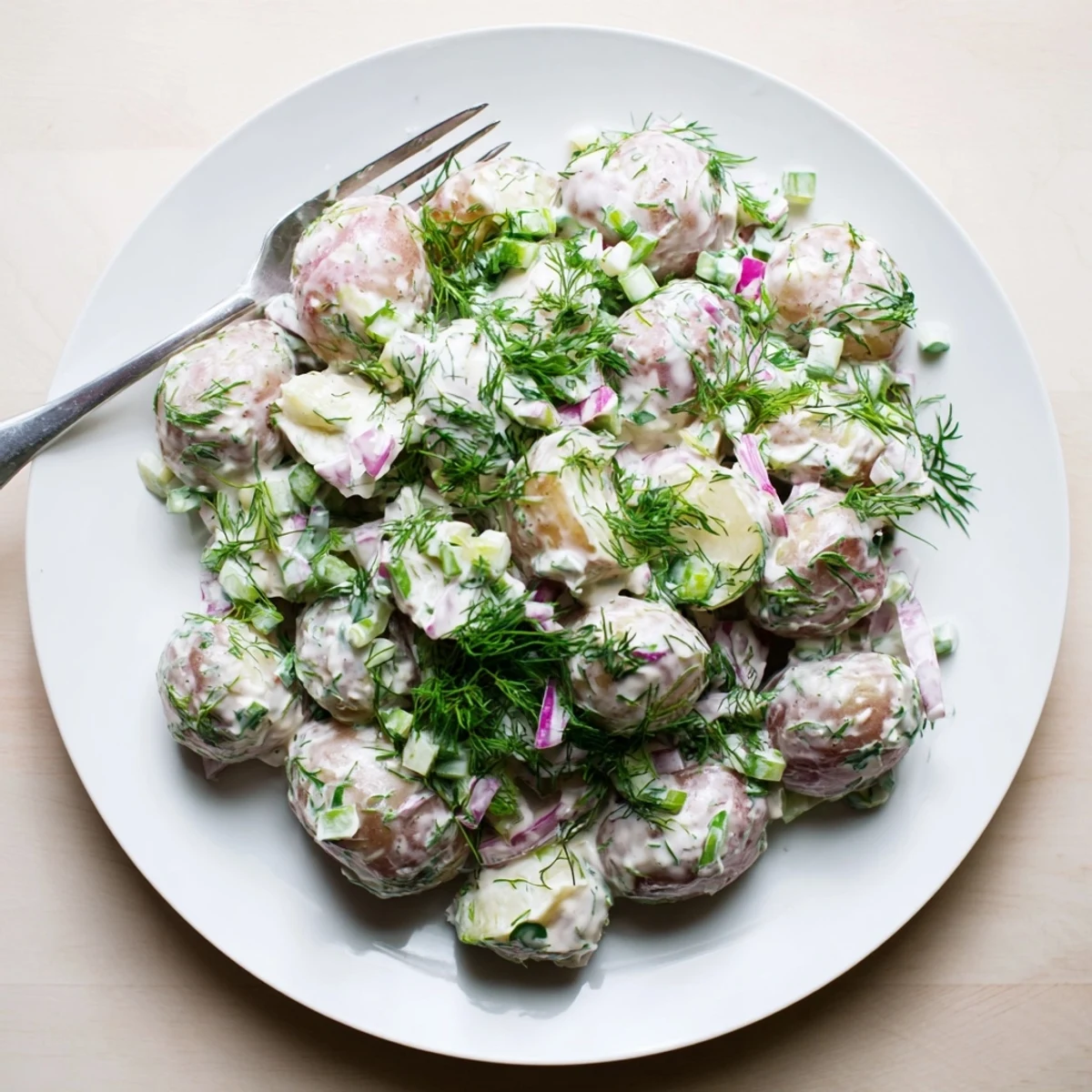 Healthy Greek yogurt potato salad with colorful diced vegetables and chopped herbs, perfect for summer picnics
