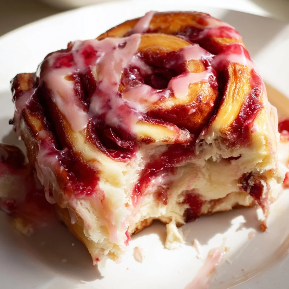 Fresh strawberry cheesecake cinnamon rolls topped with sweet pink glaze on a white plate