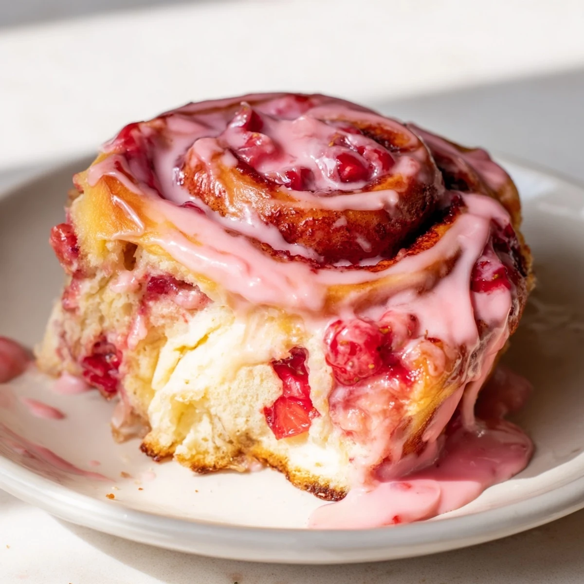 Golden baked strawberry cheesecake Cinnabon rolls drizzled with thick strawberry frosting