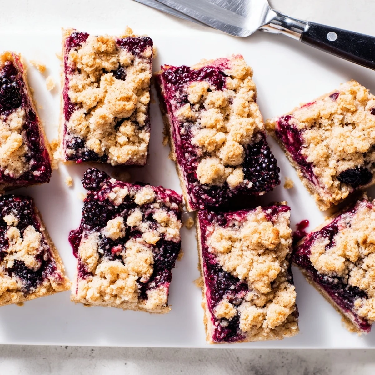 Square blackberry crumble bars sliced on a wooden board with juicy berry layers showing through