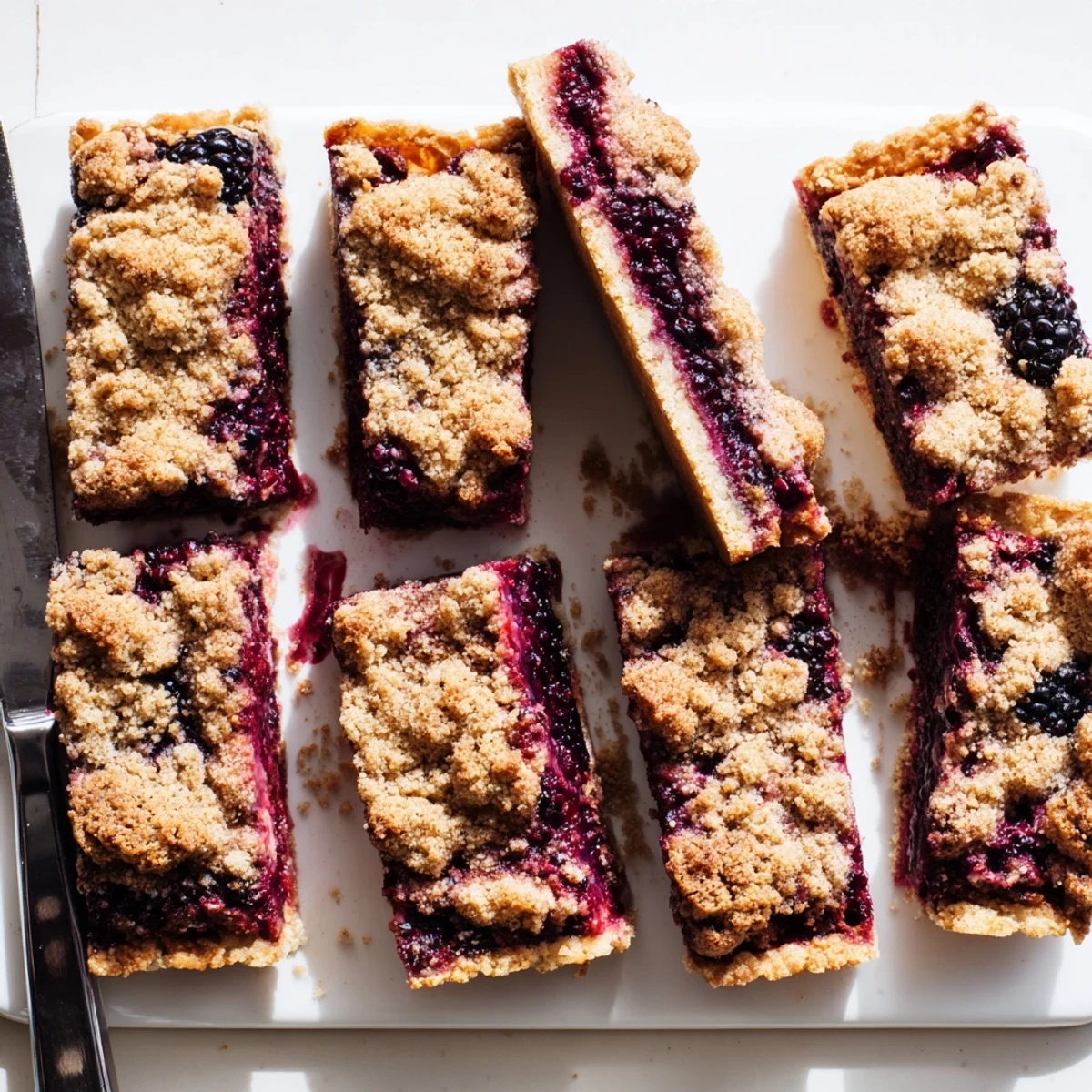 Golden brown blackberry crumble bars with bubbling purple fruit filling and buttery oat crumble topping
