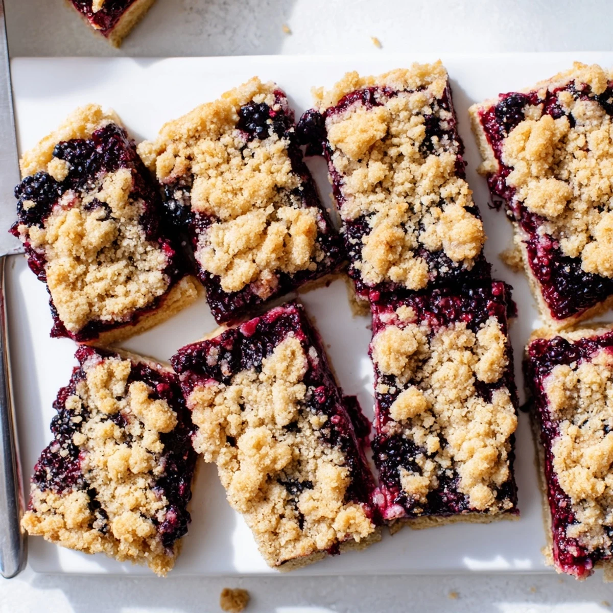 Tender homemade blackberry crumble bars featuring a golden crumb crust and sweet jammy berry center