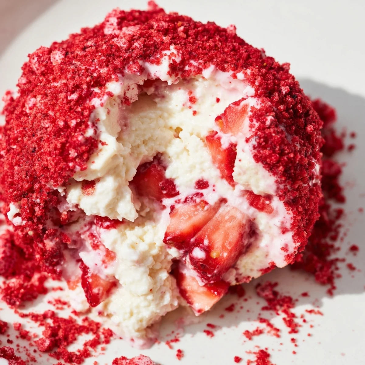 Creamy keto strawberry cheesecake fat bombs topped with crushed freeze-dried strawberries on a white plate