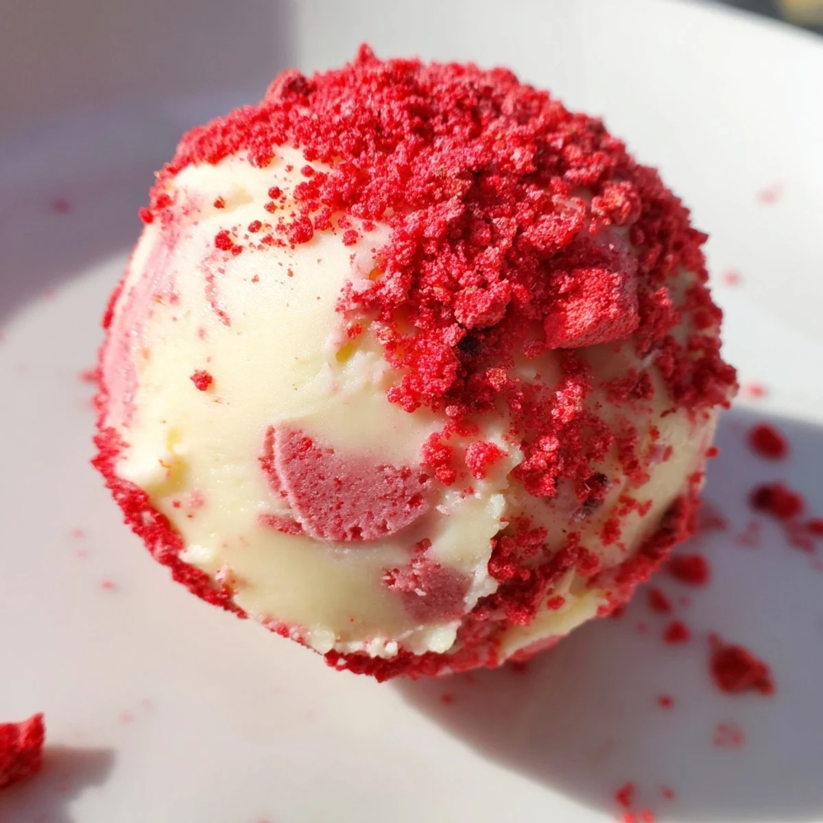 Bite-sized low carb strawberry cheesecake fat bombs arranged on parchment paper with fresh strawberry pieces