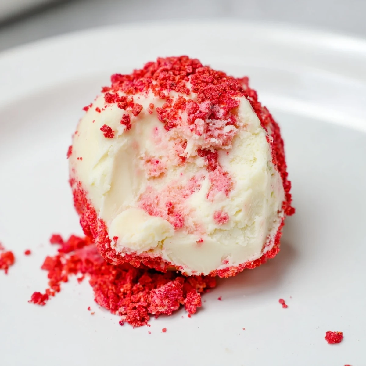 Rich and creamy keto strawberry cheesecake fat bombs rolled in pink strawberry coating ready to serve