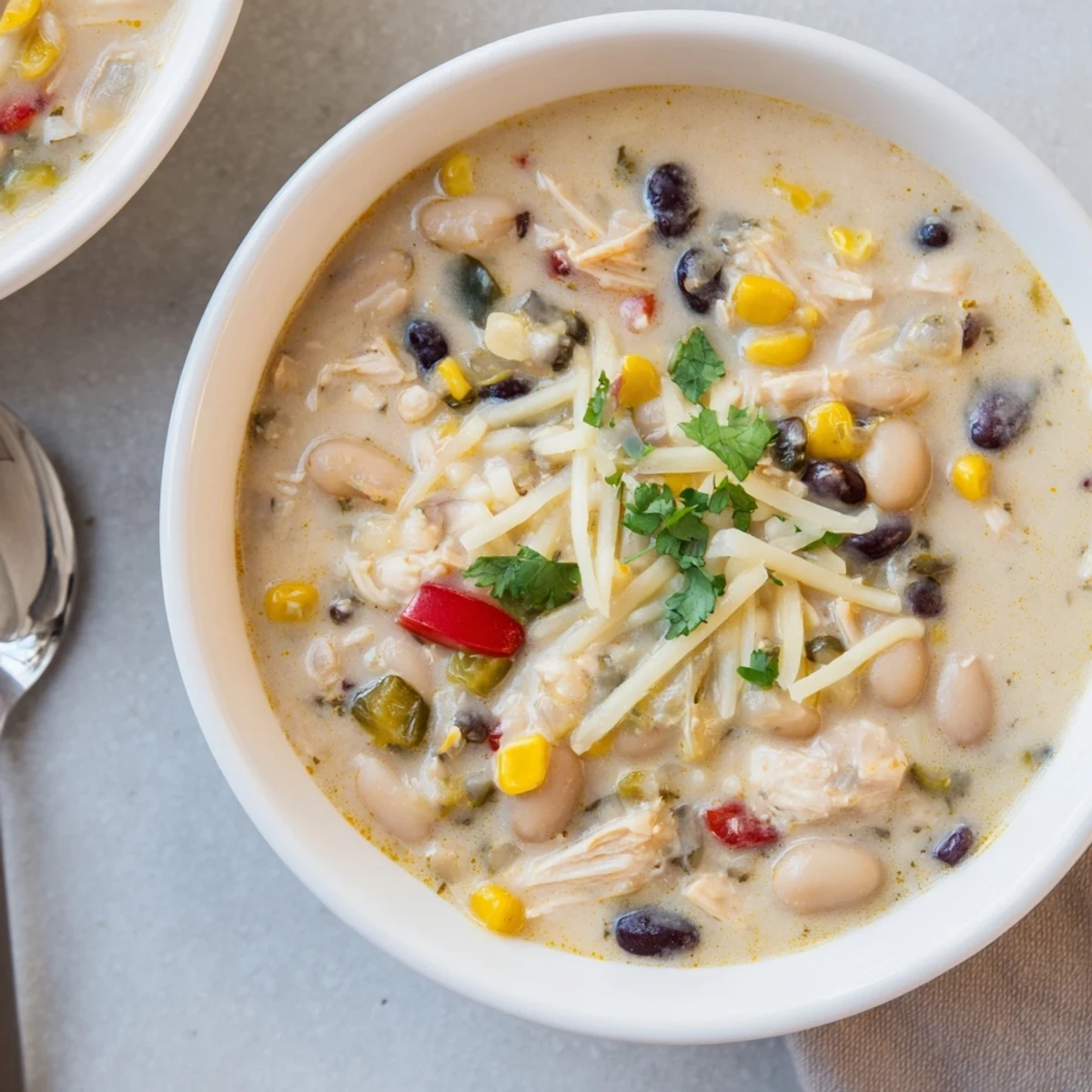 Creamy white chicken chili bowl topped with shredded cheese, cilantro, and colorful diced peppers