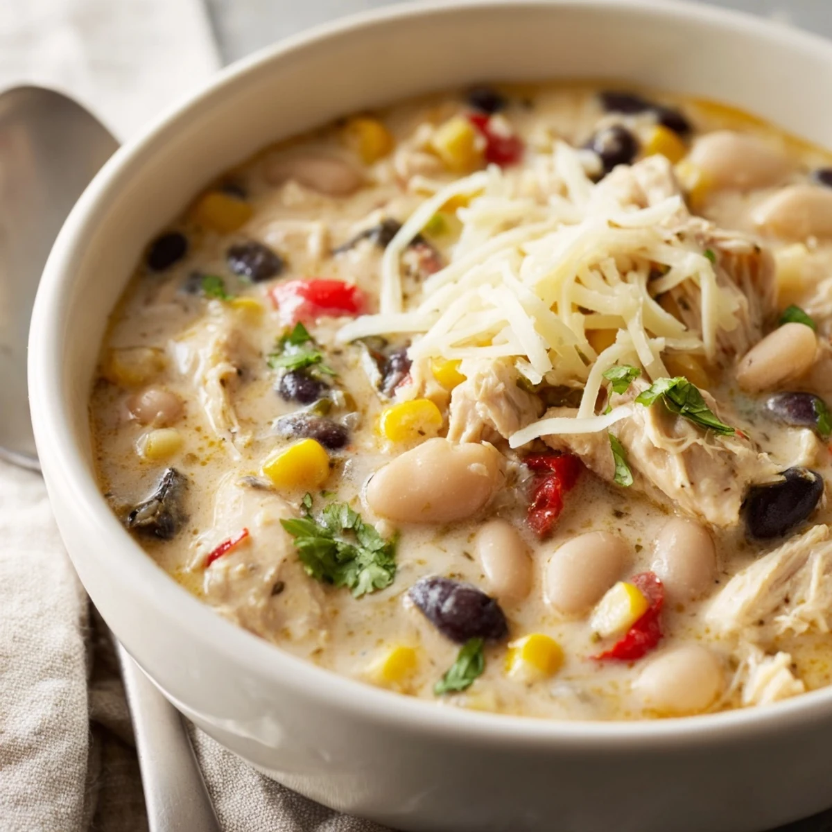 Spoon lifted from rich white chicken chili showcasing tender shredded chicken, white beans, and garnishes