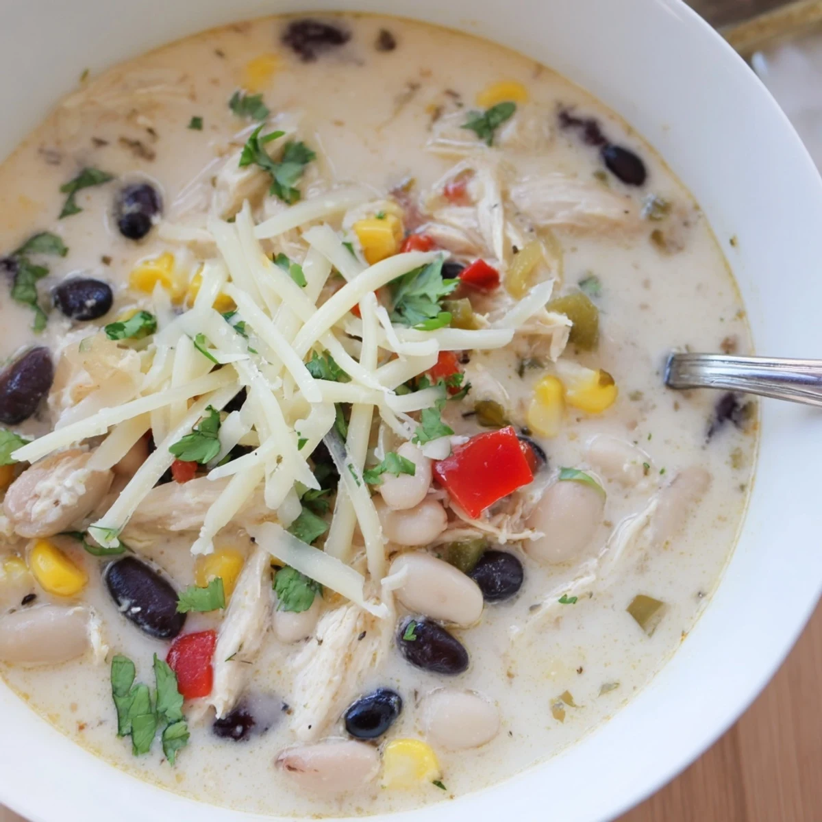 Hearty thick white chicken chili simmering in a Dutch oven with black beans and corn