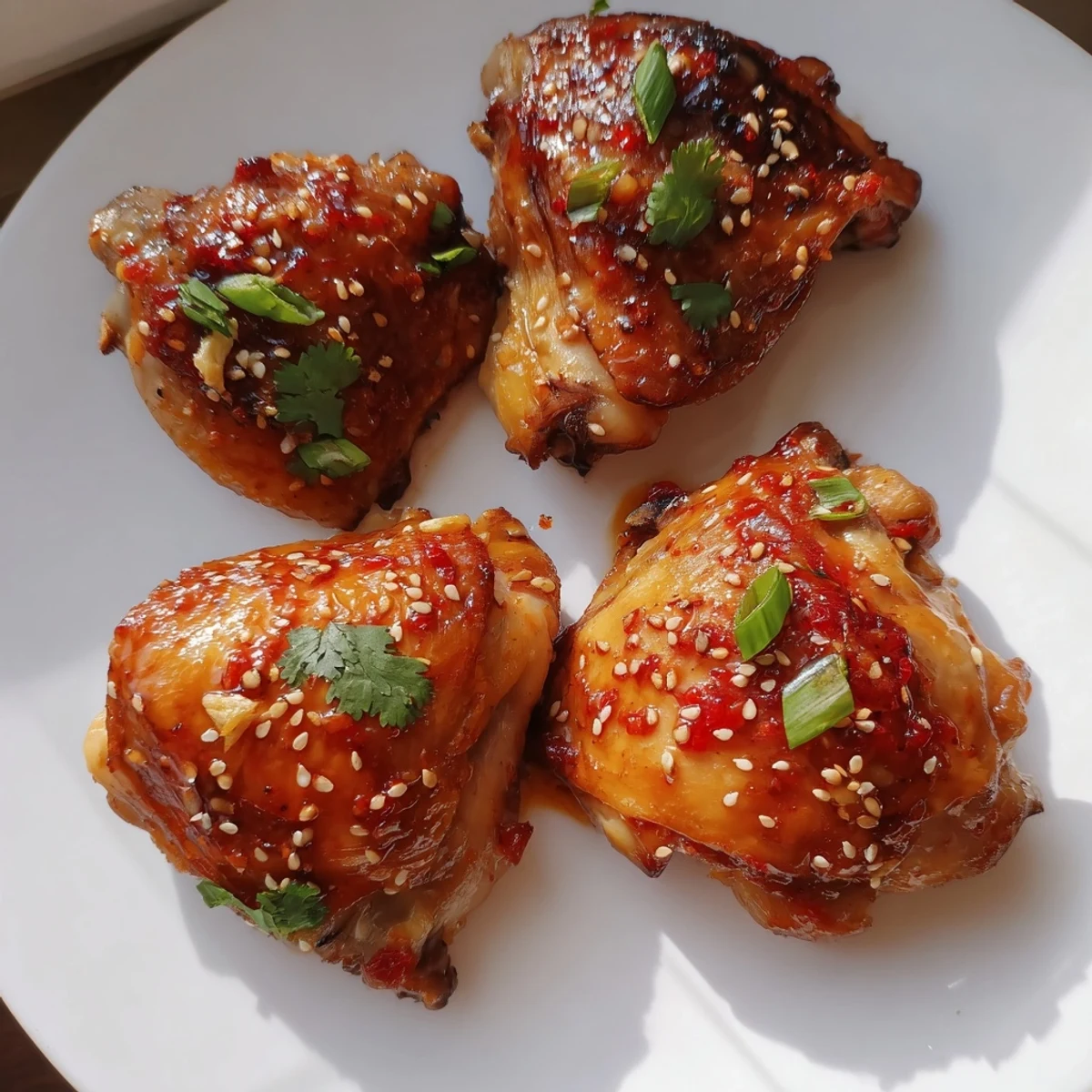 Golden sweet chili air fryer chicken thighs with crispy glazed skin and fresh cilantro garnish