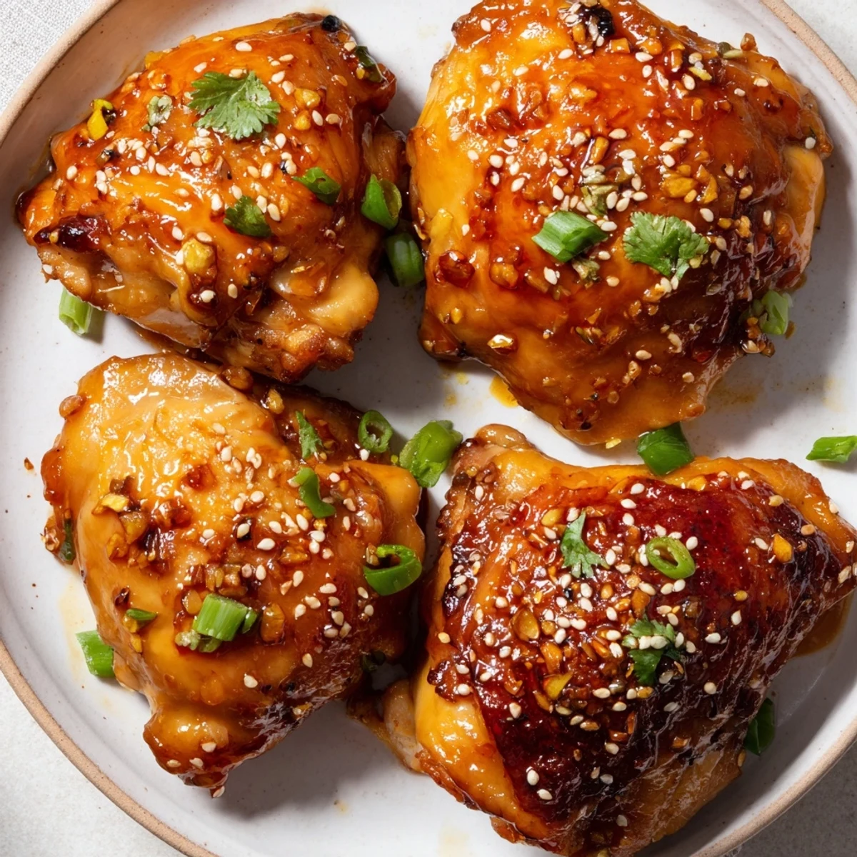 Asian-inspired sweet chili chicken thighs with caramelized edges and sesame seed topping on white serving dish