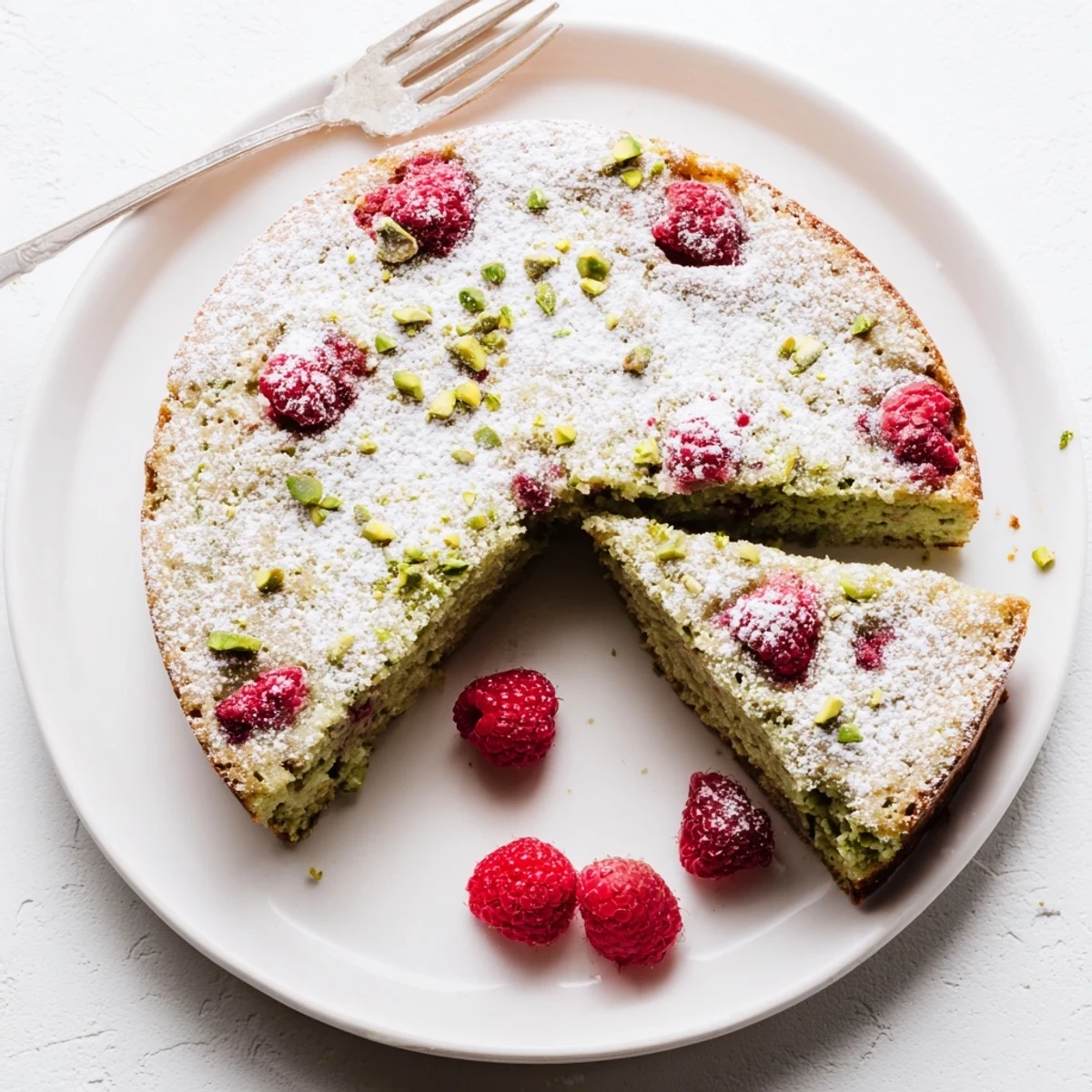 Slice of pistachio raspberry cake dusted with powdered sugar and topped with chopped nuts