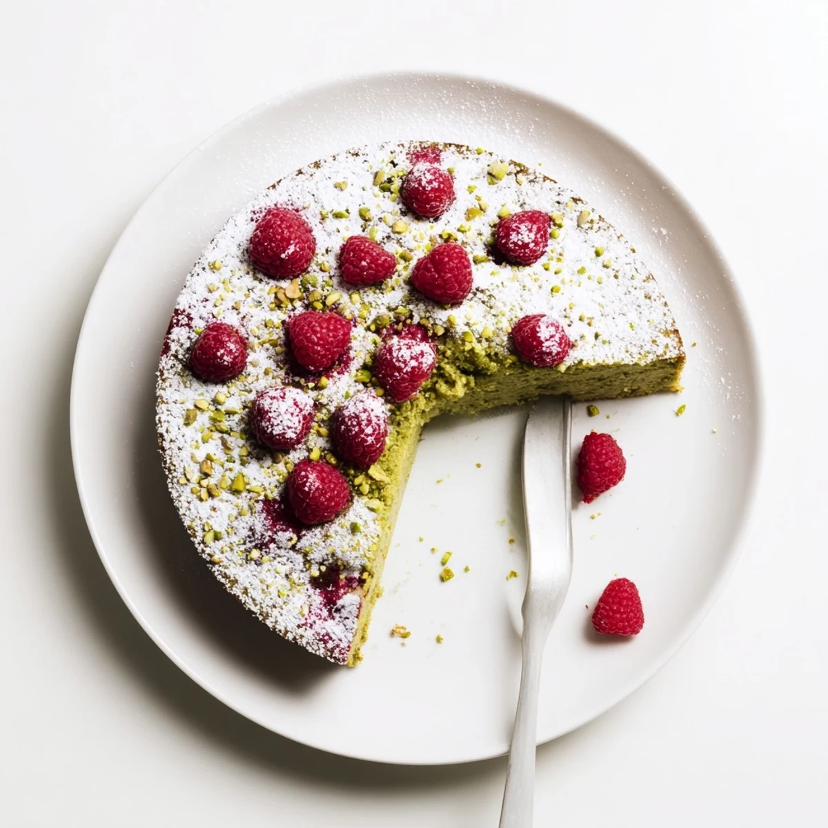 Homemade pistachio raspberry cake with pink berries peeking through moist green-speckled crumbs