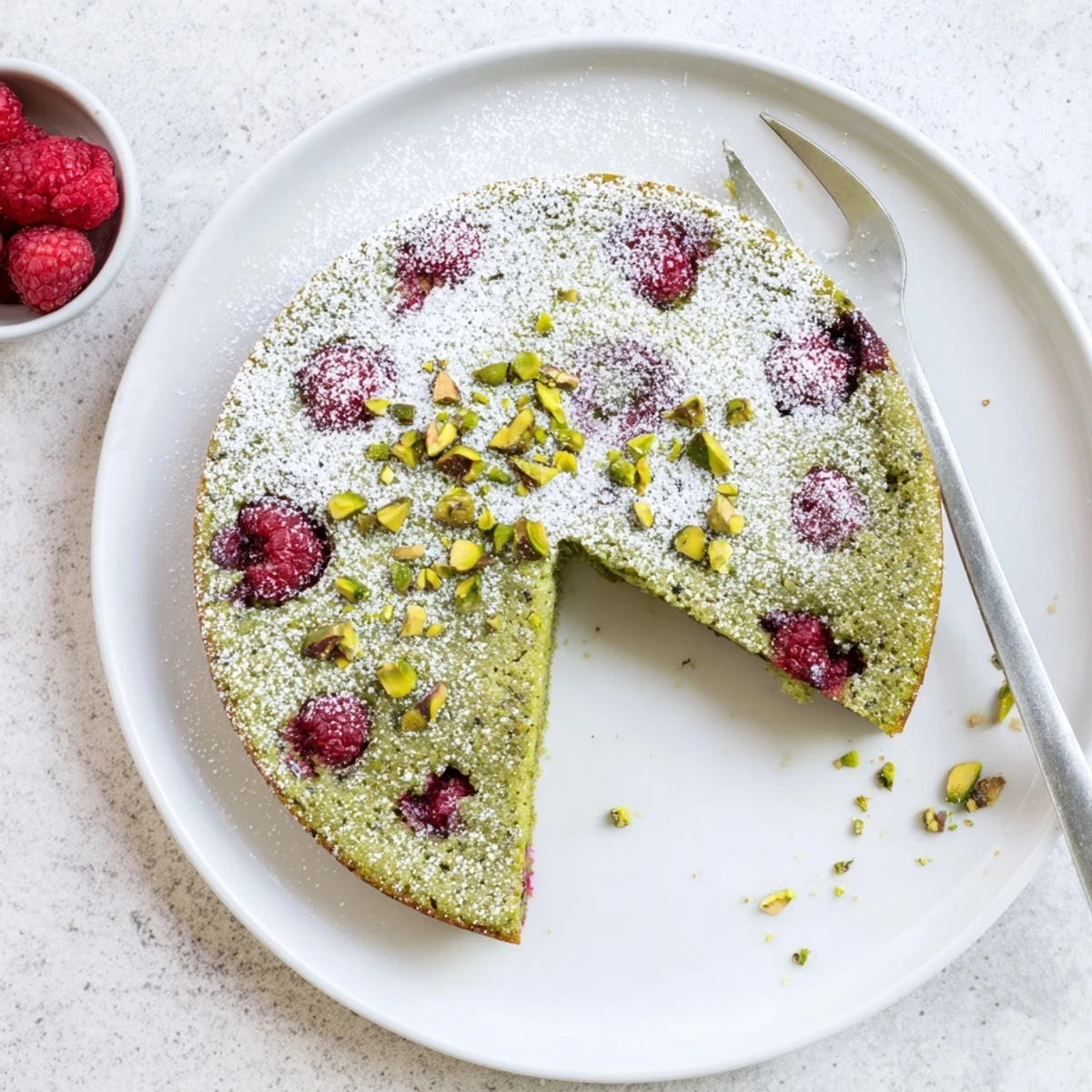 Fresh pistachio raspberry cake layered with tart red berries on a white serving plate
