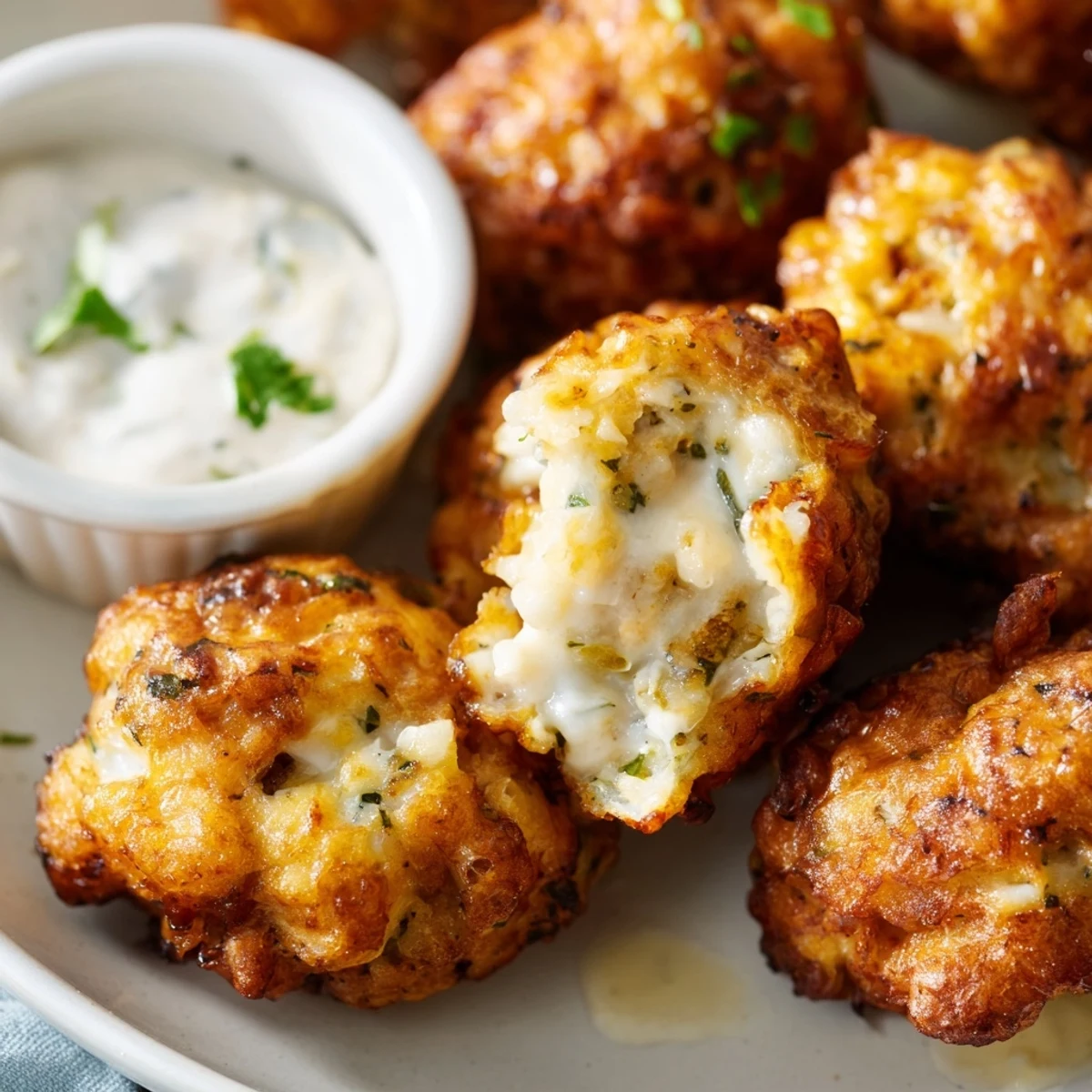 Crispy pan-fried chicken fritters with melted cheese paired with tangy garlic aioli