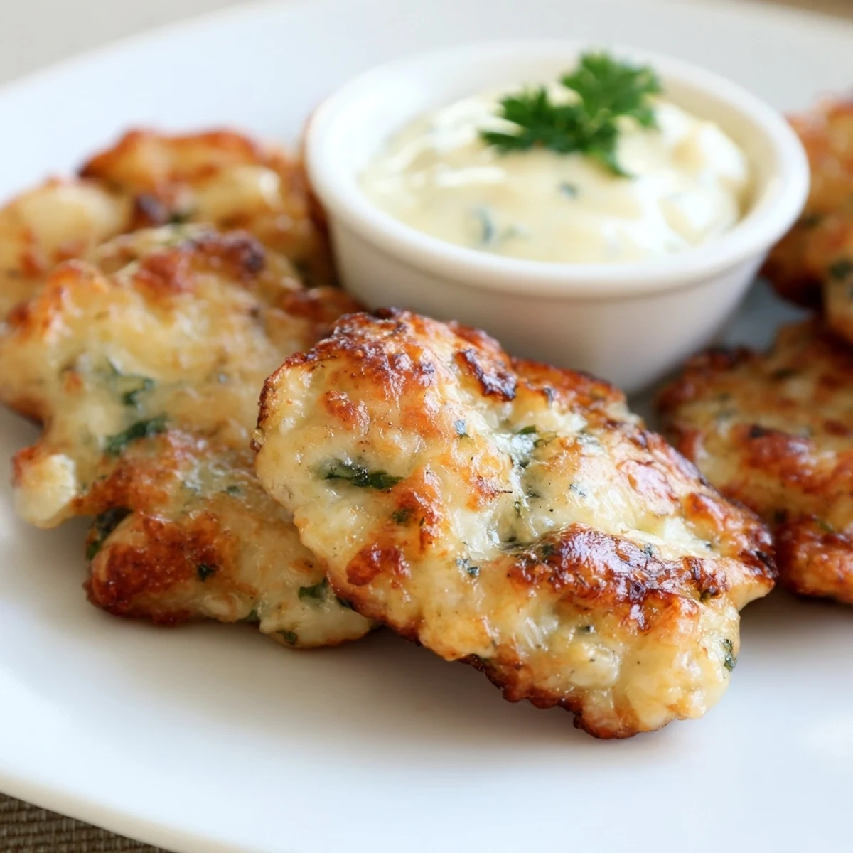 Plate of warm cheesy chicken fritters alongside a bowl of garlic aioli sauce