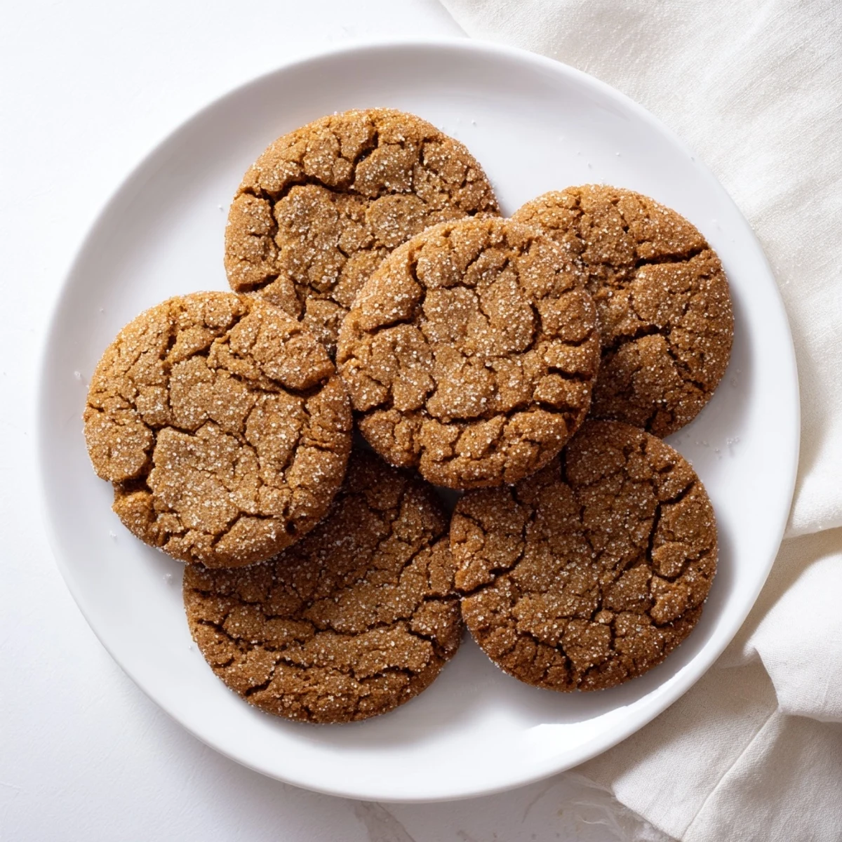 Golden gingersnap cookies with crackled tops and sugar coating on a wooden board