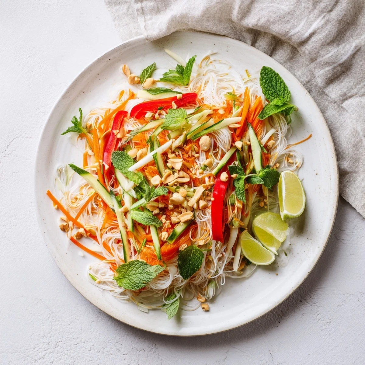 Colorful Vietnamese noodle salad bowl piled with crisp vegetables, fresh herbs, and tangy lime dressing topped with crushed roasted peanuts