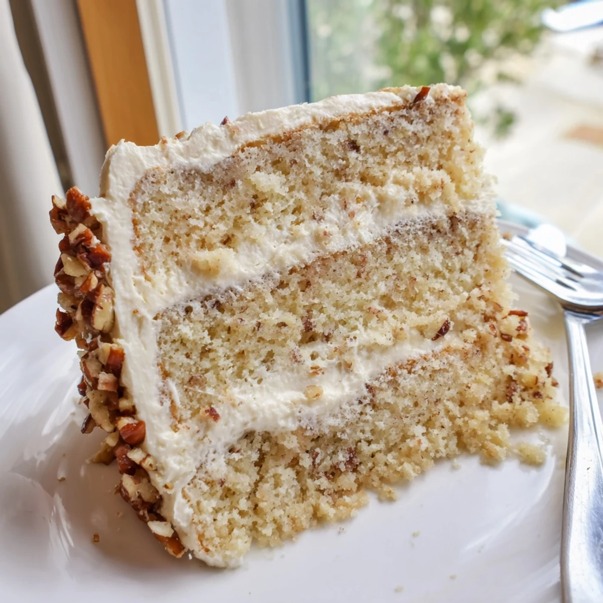 Golden butter pecan cake slice with velvety buttercream frosting and toasted pecan garnish
