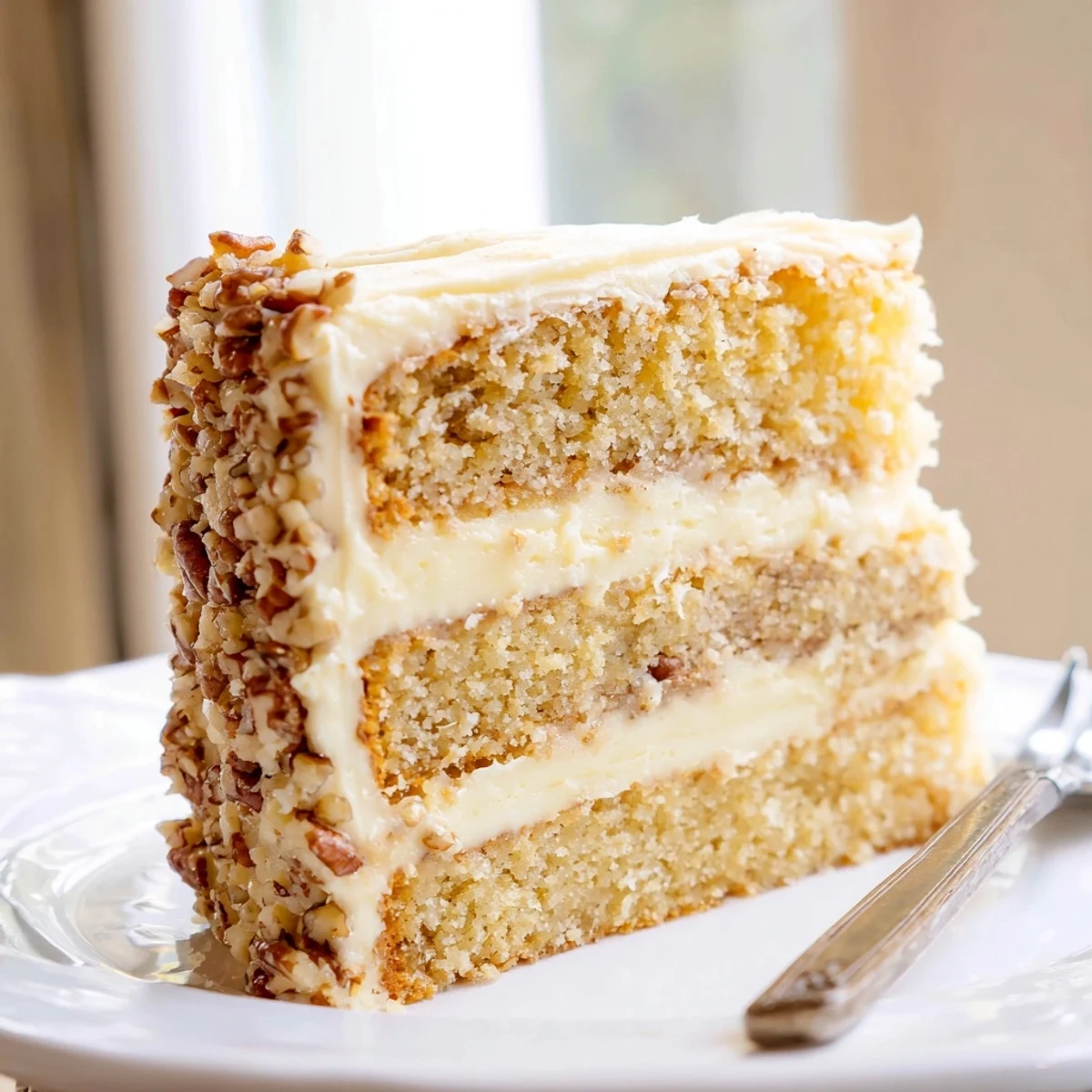 Three-layer butter pecan cake topped with creamy white frosting and scattered pecans