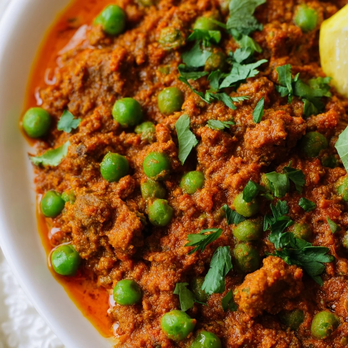 Savory Keema curry featuring tender ground meat in aromatic spiced sauce with green peas