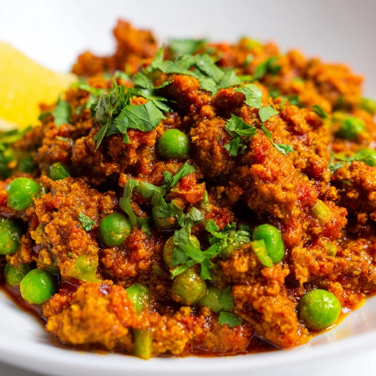 Golden brown Keema curry bowl garnished with fresh cilantro and served beside fluffy basmati rice