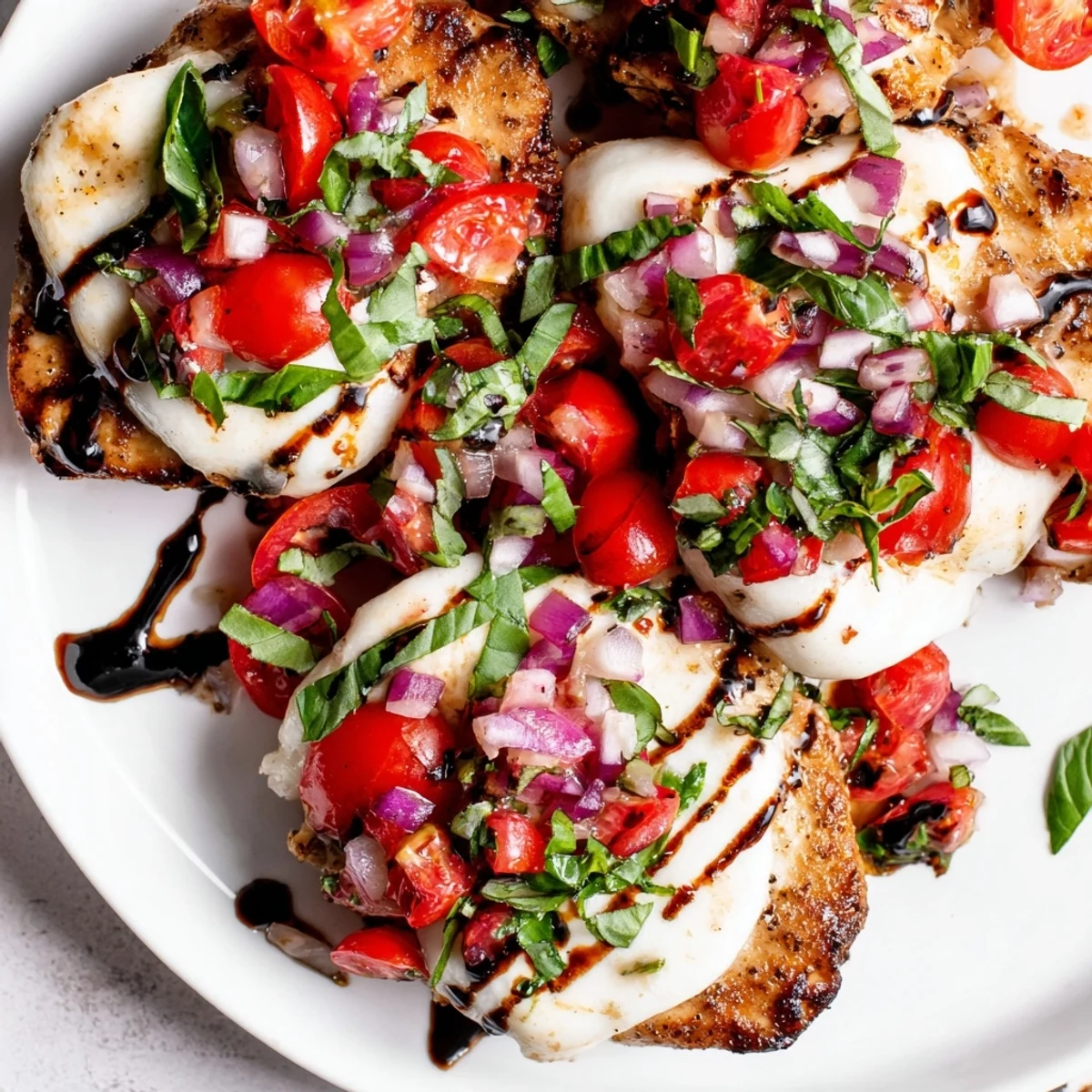 Italian-inspired Mozzarella Bruschetta Chicken with juicy diced tomatoes and fresh basil garnish