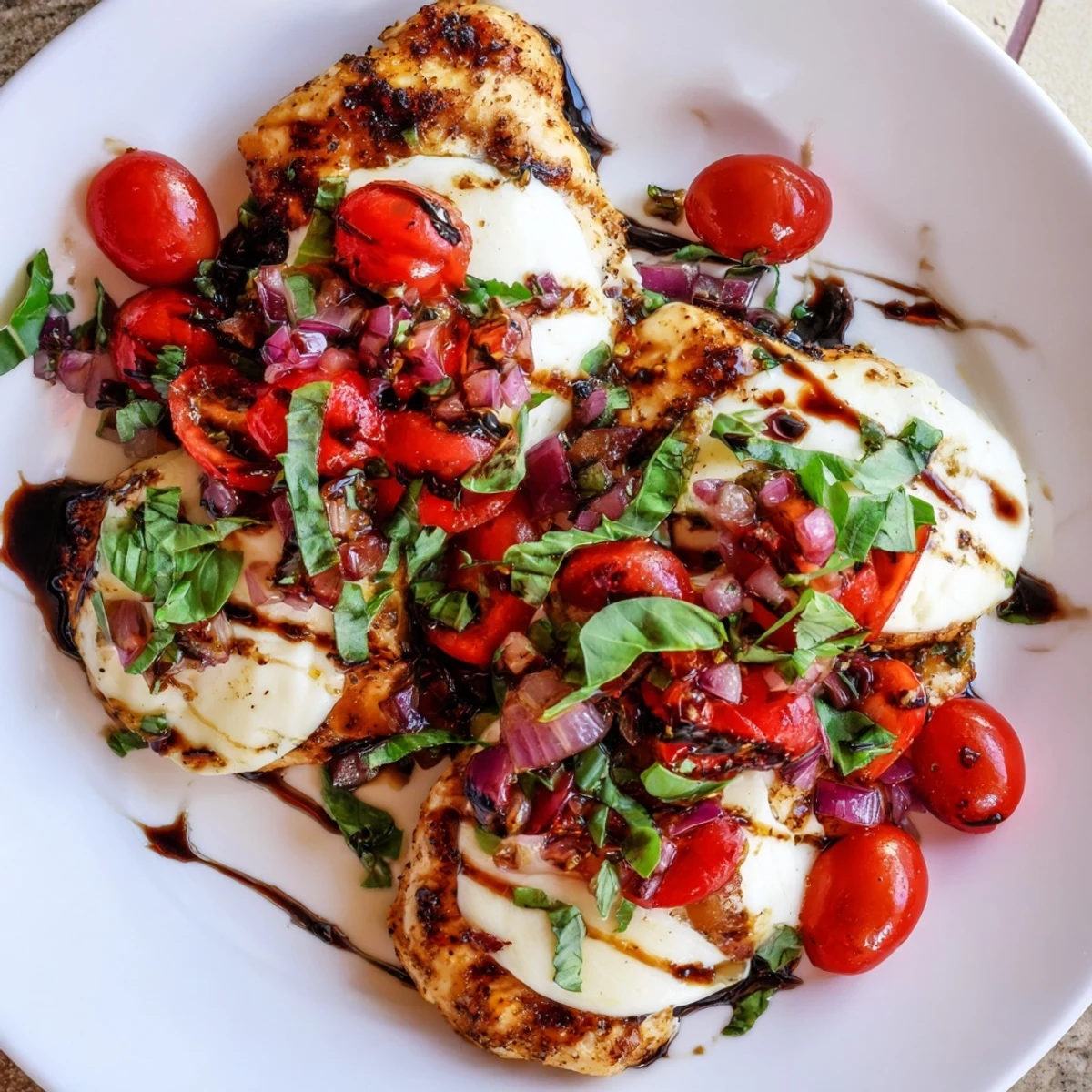 Golden baked chicken breast topped with melted mozzarella and colorful tomato bruschetta mixture