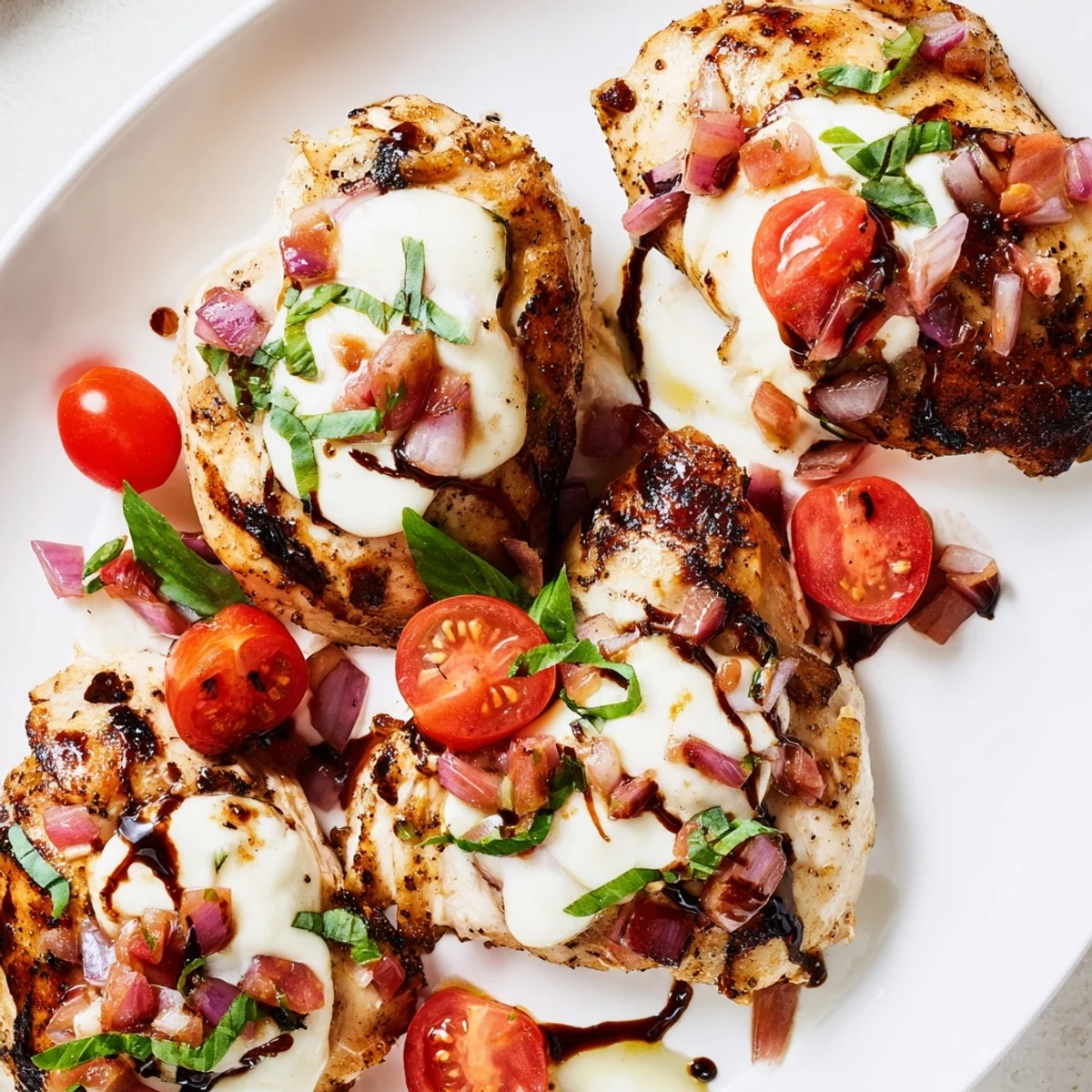 Tender oven-baked chicken featuring bubbly mozzarella cheese and vibrant tomato basil bruschetta topping
