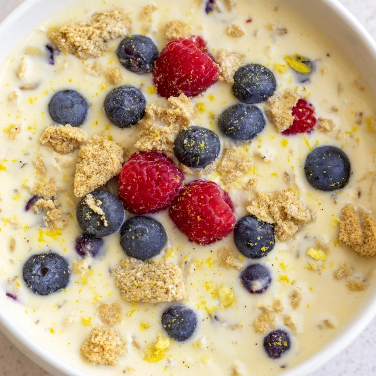 Creamy overnight oats jar layered with tangy lemon cheesecake flavors and vibrant red berry garnish
