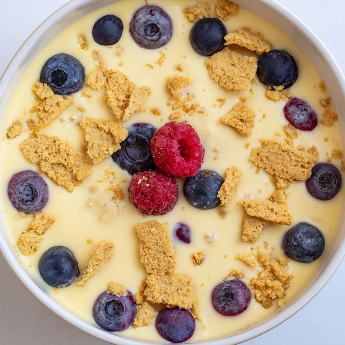 Glass jar filled with zesty lemon cheesecake overnight oats topped with fresh berries and graham cracker crumbs