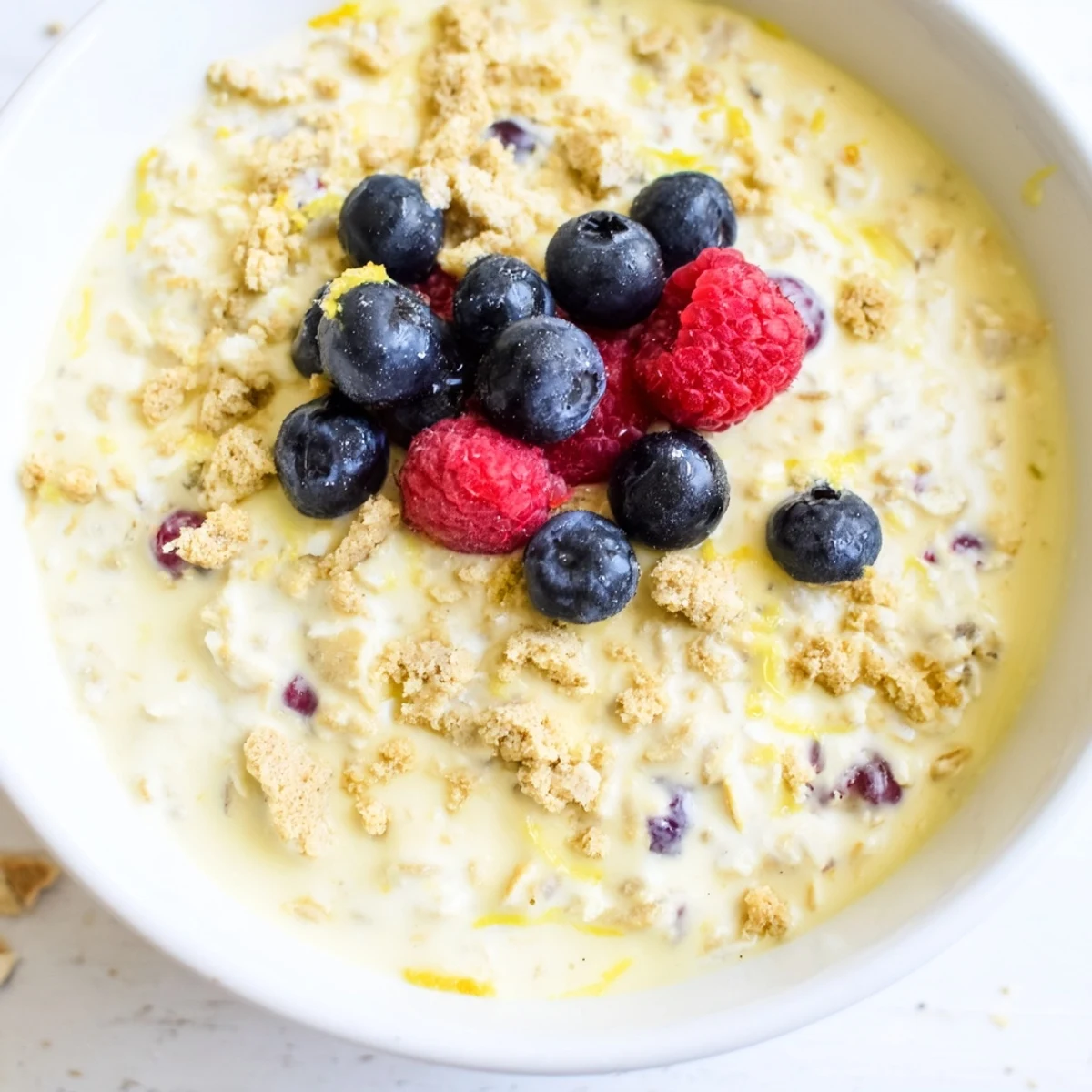 Mason jar breakfast of zesty lemon cheesecake overnight oats sprinkled with lemon zest and crunchy topping