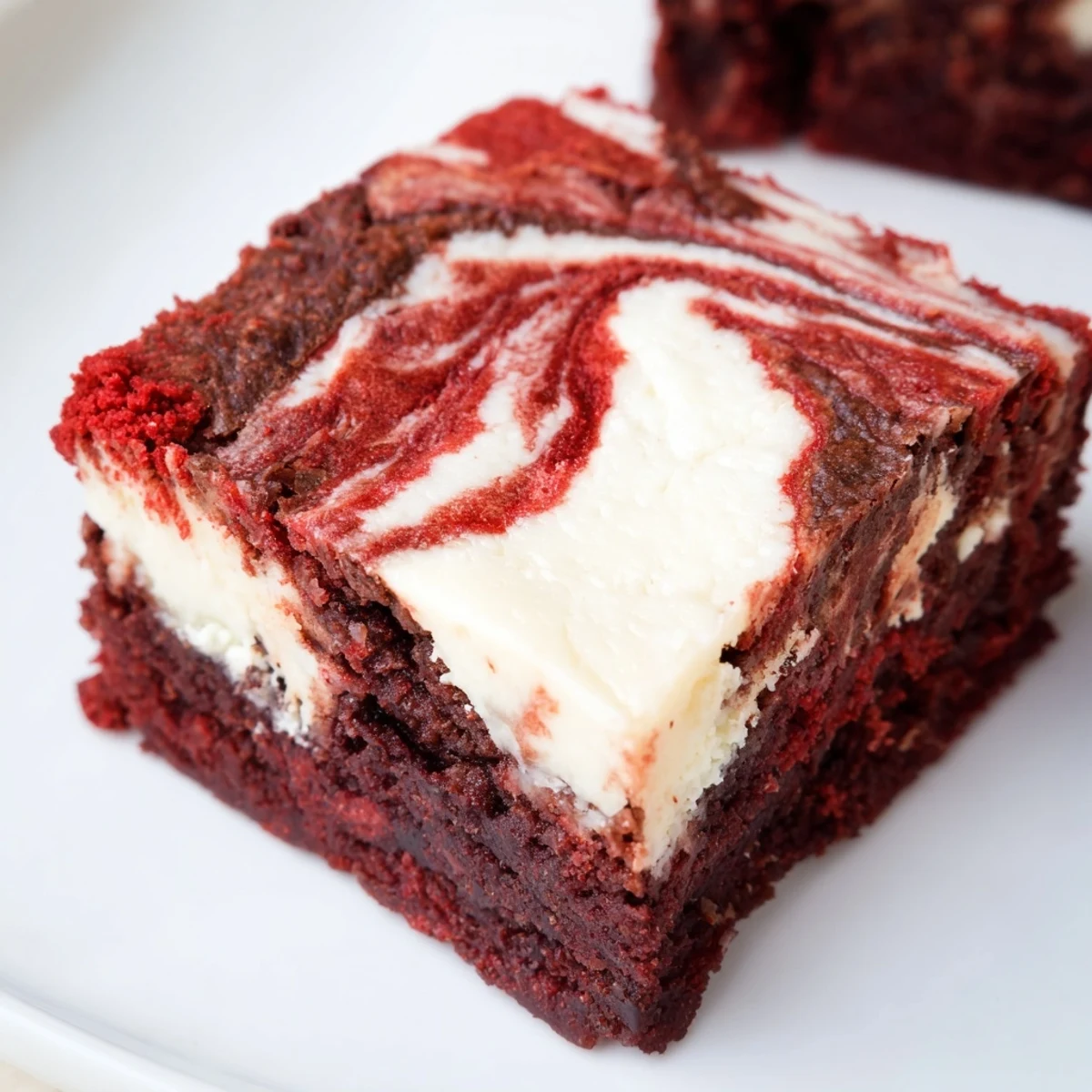 Decadent red velvet brownie bites topped with swirls of creamy white cheesecake