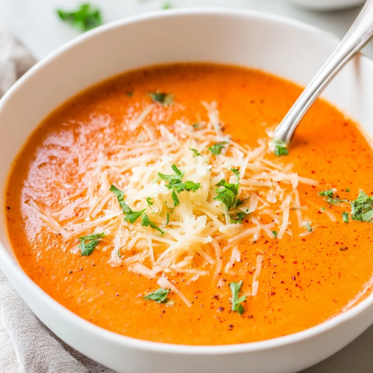 Velvety bowl of roasted red pepper Gouda soup served with crusty bread for dipping