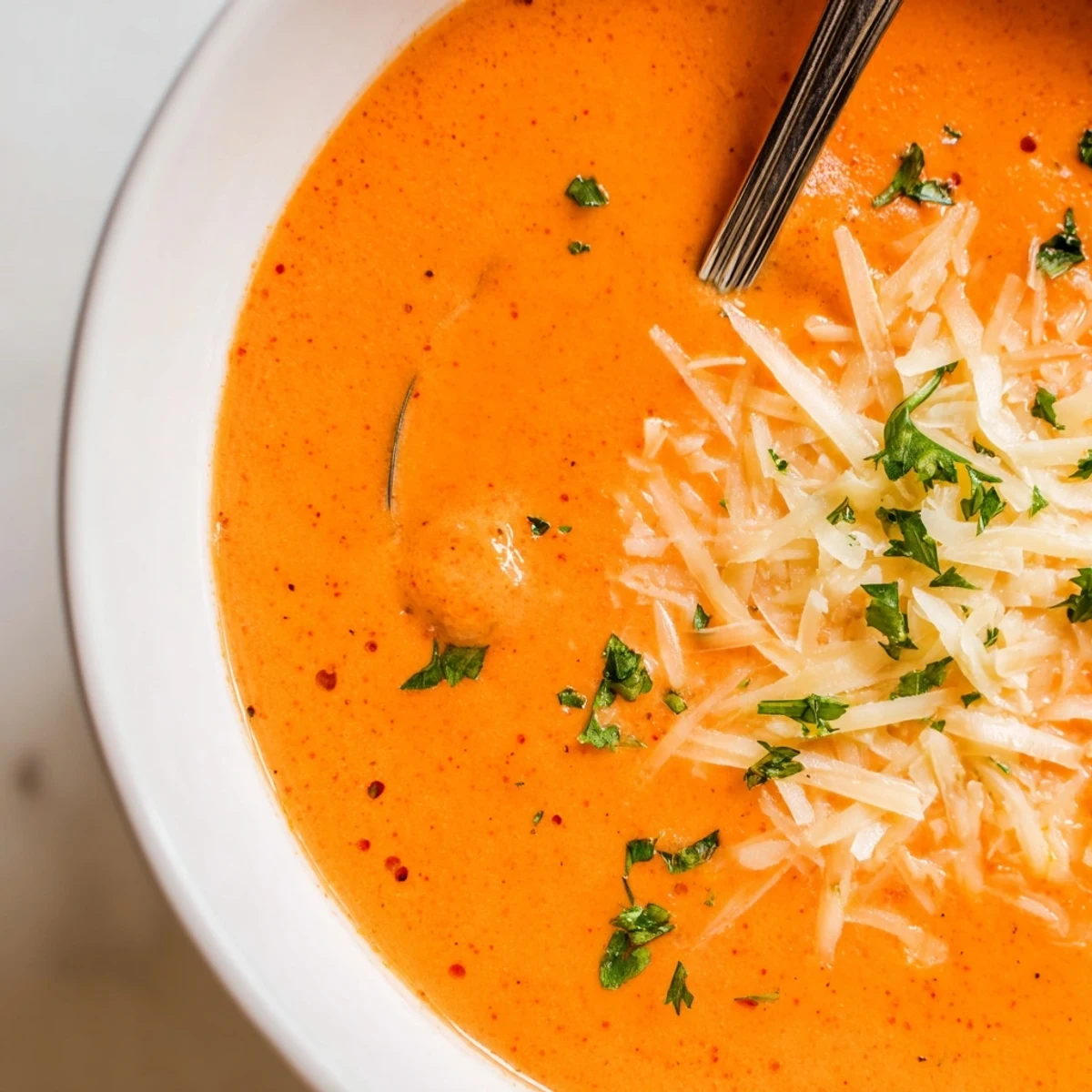 Creamy roasted red pepper Gouda soup garnished with fresh parsley and extra shredded cheese