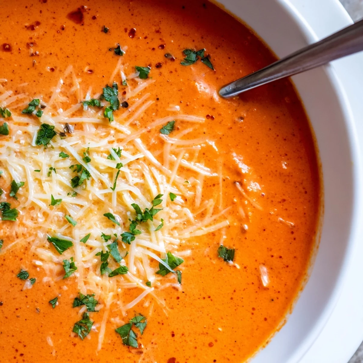Rich smoked Gouda and roasted red pepper soup steaming in a white ceramic bowl
