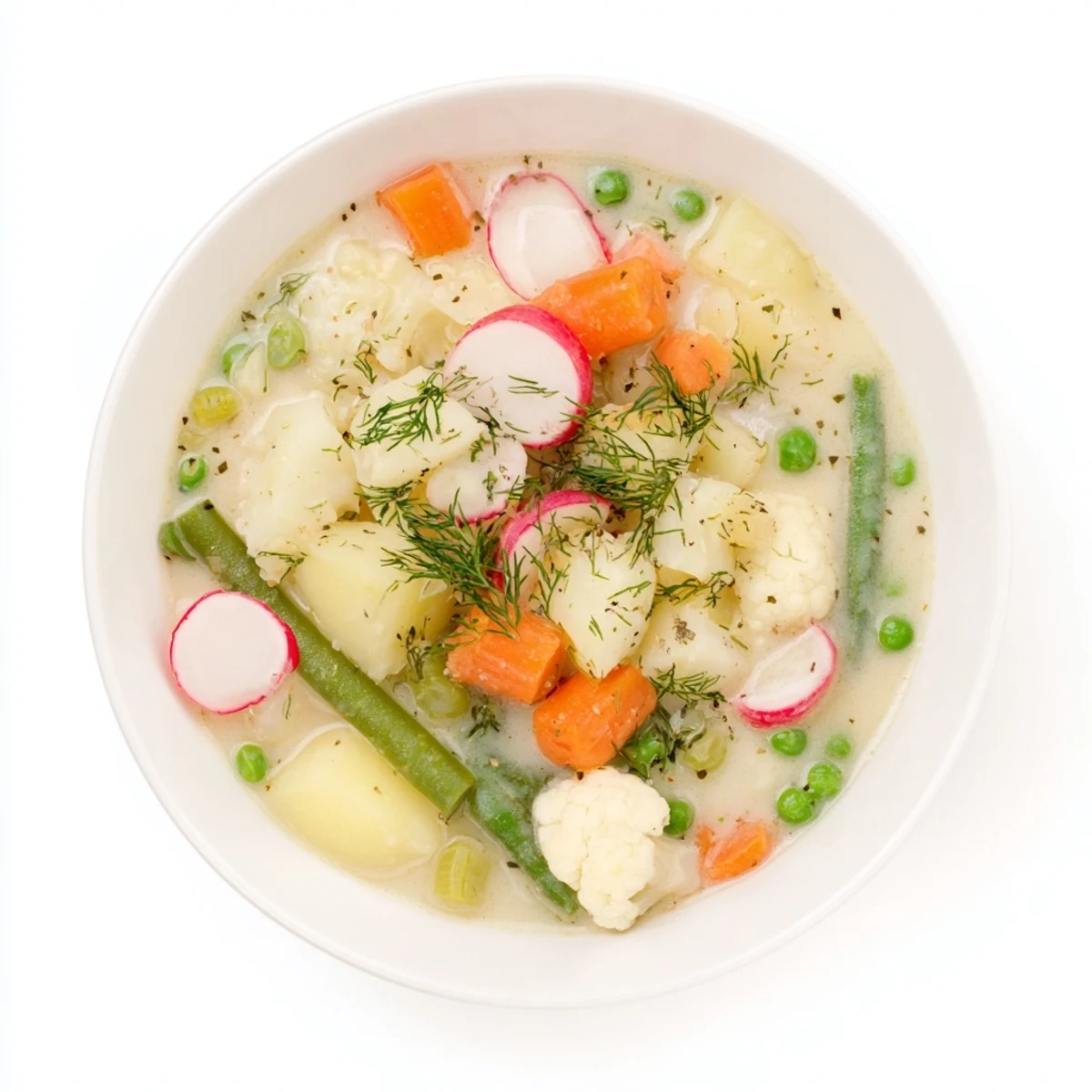 Creamy Finnish kesäkeitto soup bowl showcasing colorful summer vegetables in rich white broth