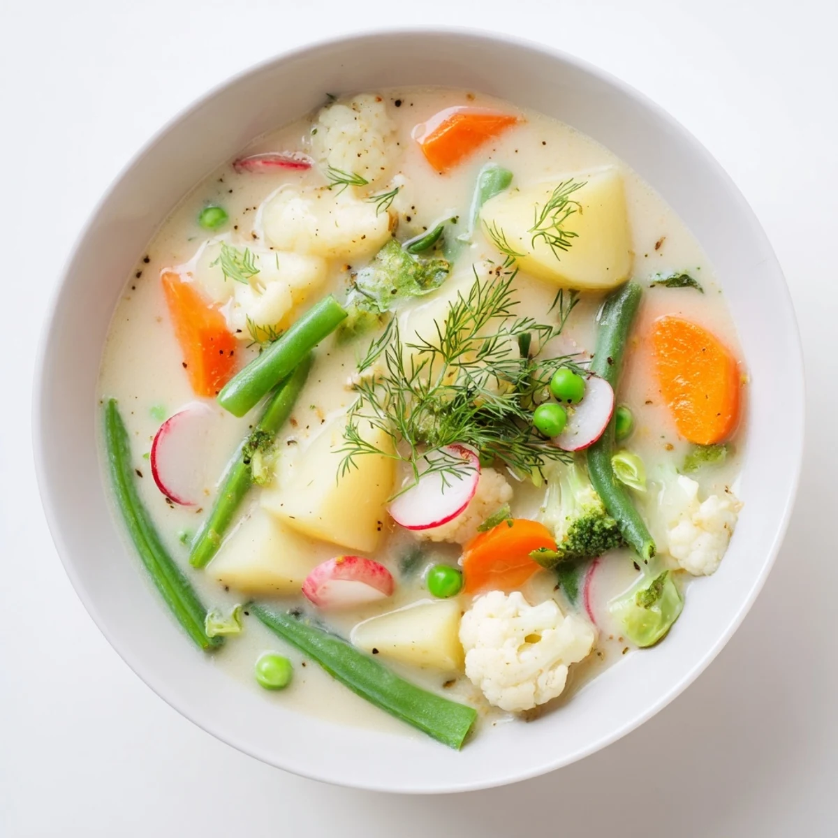 Golden Finnish kesäkeitto served with fresh dill garnish and tender new potatoes