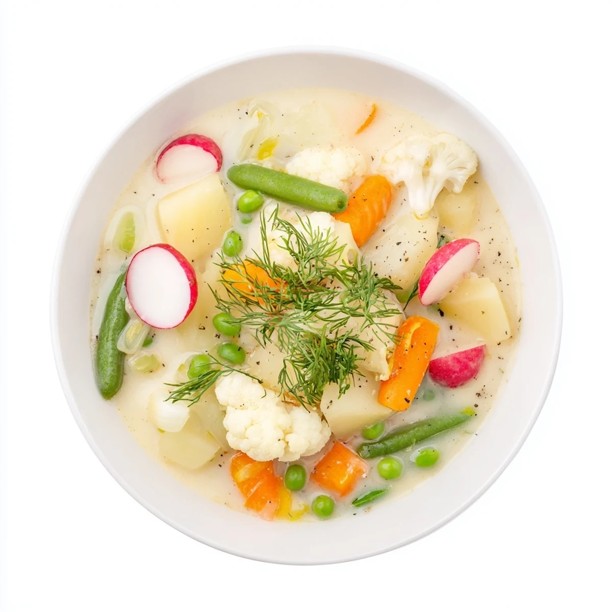 Traditional Finnish kesäkeitto featuring cauliflower carrots and green beans swimming in creamy milk broth