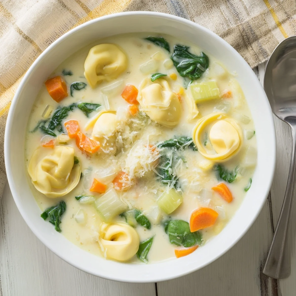 Golden cheese tortellini floating in a velvety white broth with spinach and carrots
