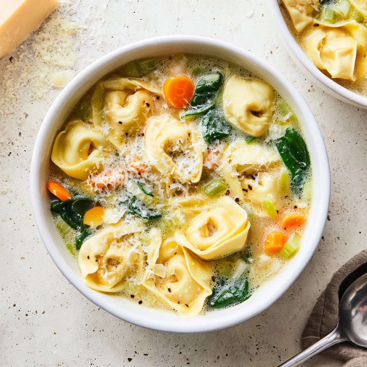Creamy Instant Pot tortellini soup with tender vegetables and melted Parmesan in a rich broth
