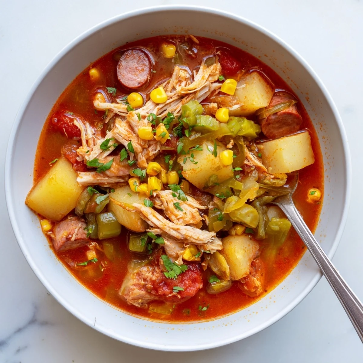 Golden cornbread served alongside steaming Brunswick Stew with chunks of smoked sausage and lima beans