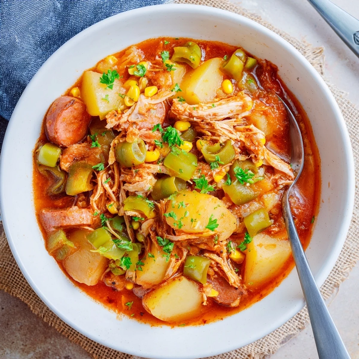 Hearty bowl of Brunswick Stew packed with tender chicken, pork, vegetables in rich tomato broth