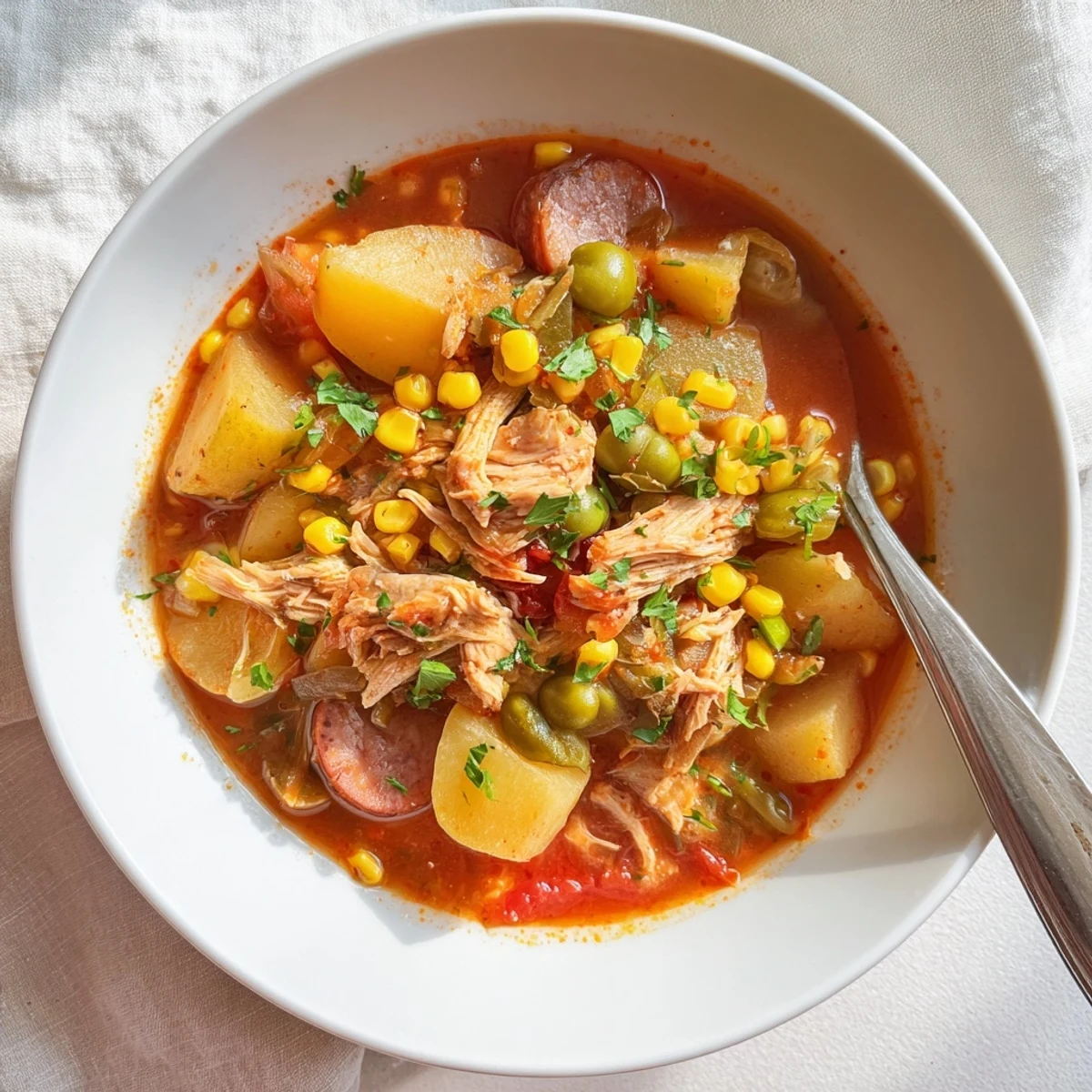 Thick Southern Brunswick Stew simmered with shredded chicken, pork, and potatoes in a dark red sauce