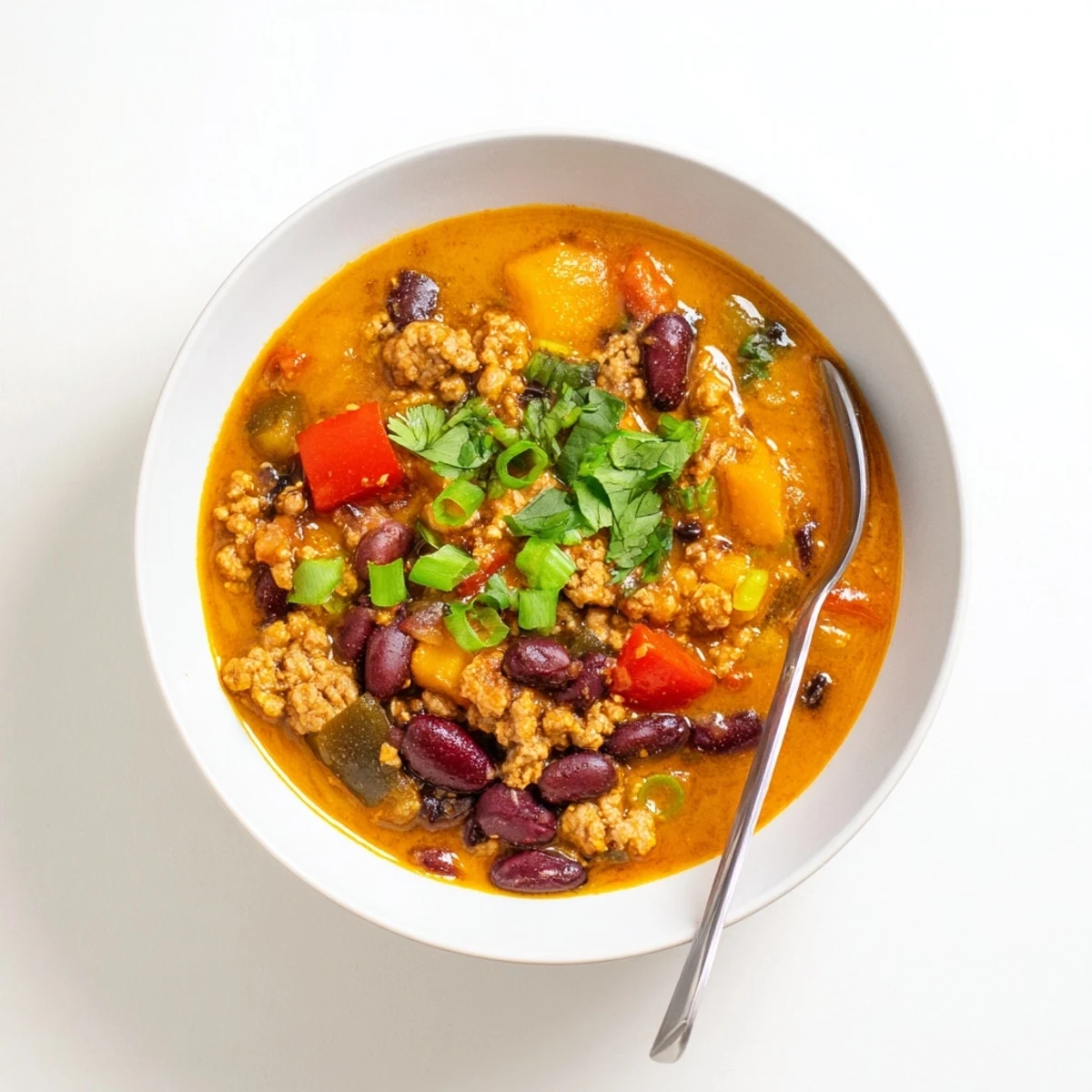 Hearty turkey pumpkin chili simmered with beans and spices in a large Dutch oven