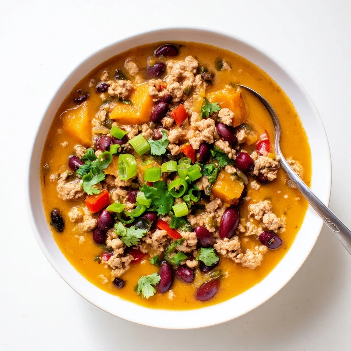 Creamy turkey pumpkin chili bowl garnished with fresh cilantro and shredded cheese