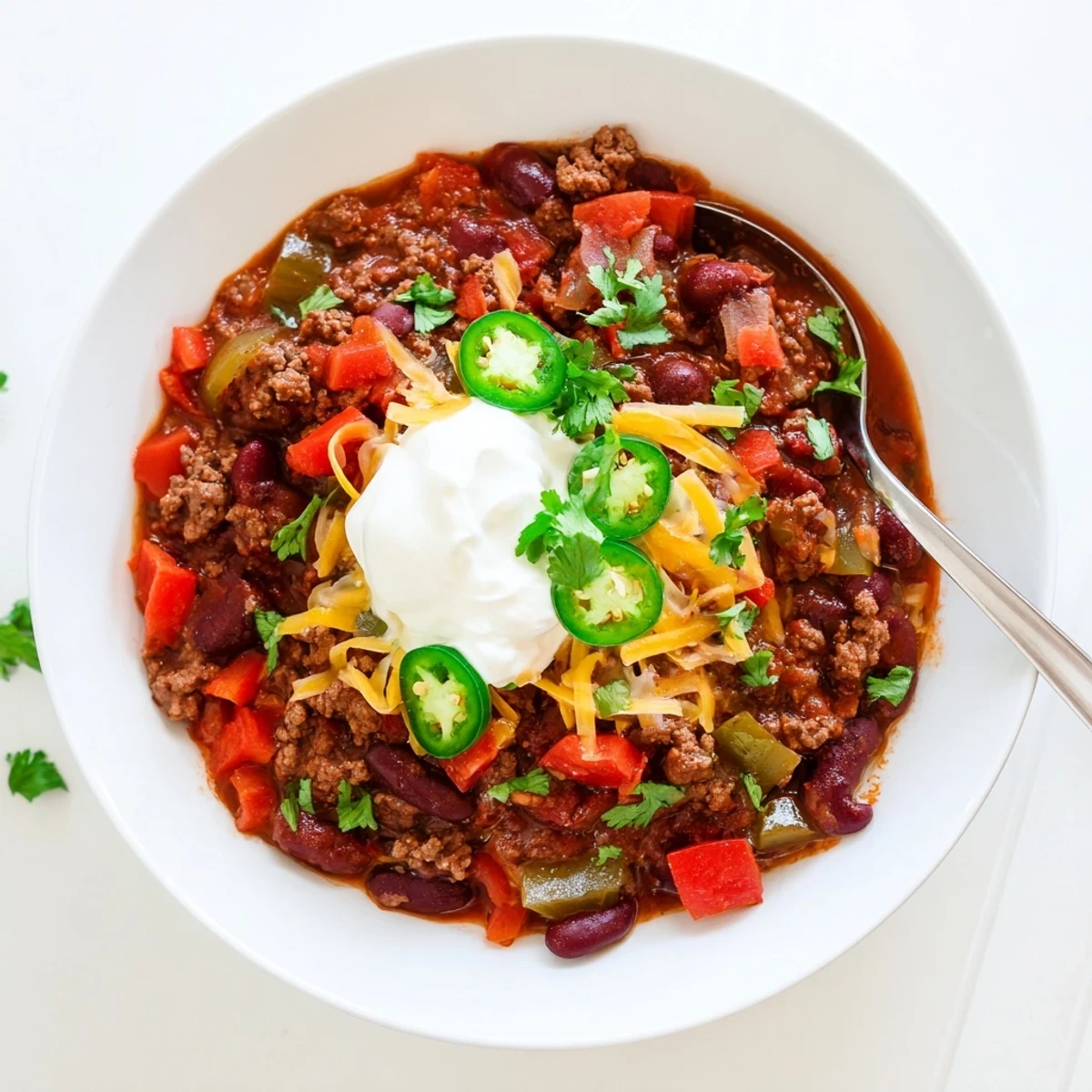Hearty bowl of chili con carne topped with melted cheddar cheese and fresh cilantro