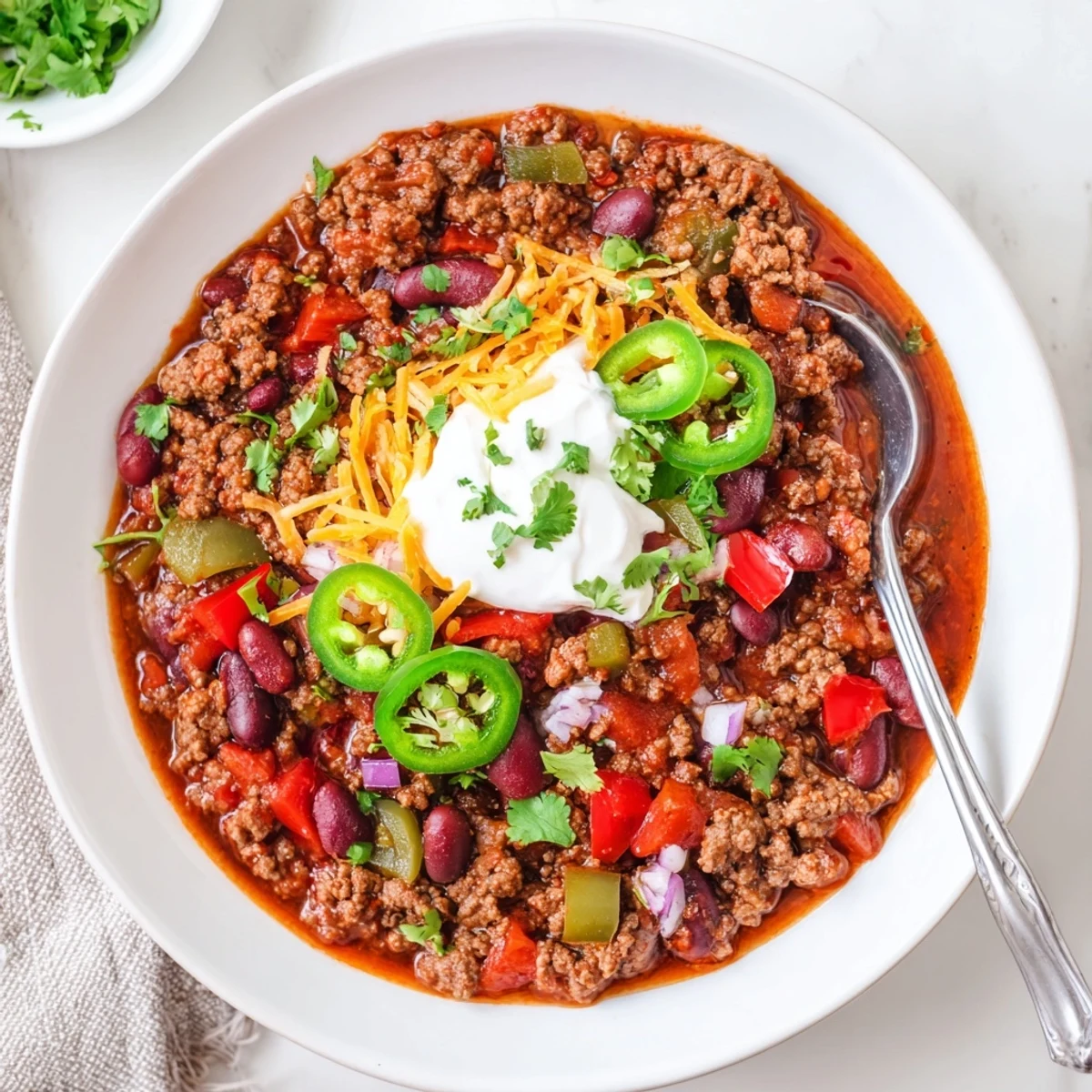 Spoon lifting rich chili con carne with tender beef beans and vibrant red peppers